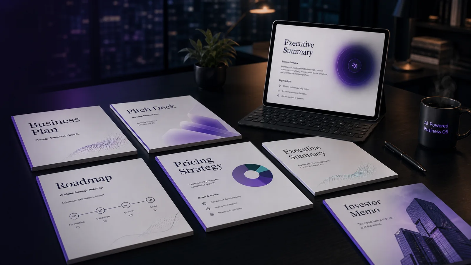 Documents business professionnels generes par IA avec business plan, pitch deck, roadmap et investor memo