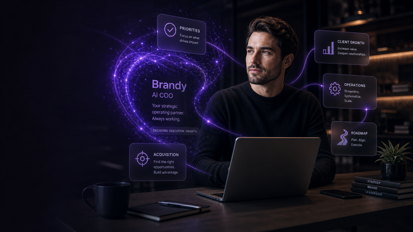 Entrepreneur preparing a launch with AI for brand, clients, and operations